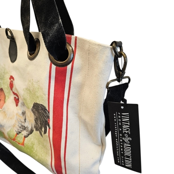 Vintage Addiction Rooster Red French Stripe Canvas Tote Crossbody Bag NEW - Picture 4 of 7